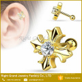 Prata ouro chapeado CZ centrado Tragus transversal de aço cirúrgico Barbell Studs